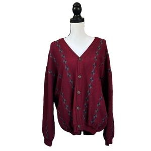 Vintage Burgundy and Gray Navy Wool Cardigan Sweater Greek